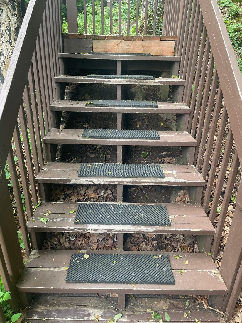 Peeling painted wood steps with rubber treads and wood railing, before replacement