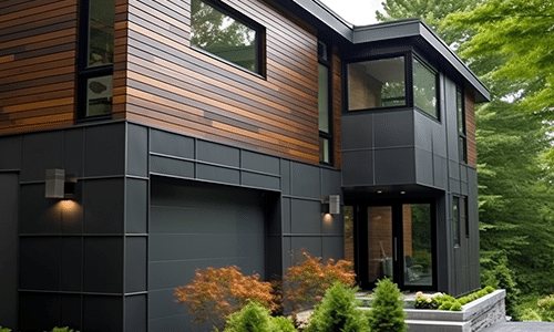 Modern facade with wood-look cladding and black panels
