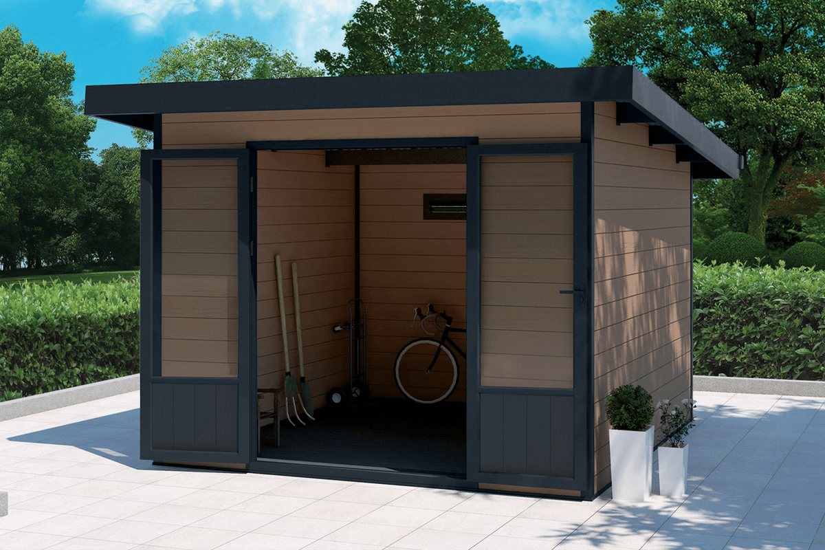 Brown composite shed with an open, covered area