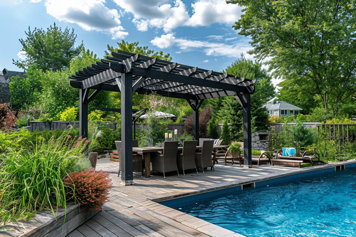 Grande pergola en bois abritant une aire de repas extérieure