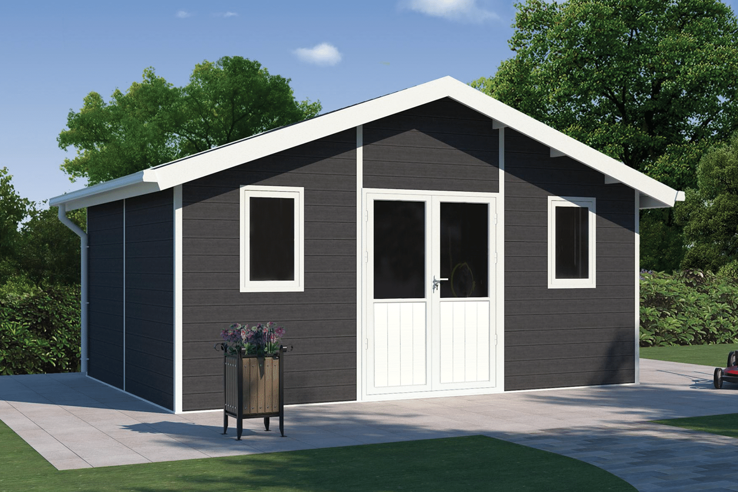 Grand cabanon en composite gris avec portes doubles et fenêtres blanches Large cabanon en composite gris avec porte-double et fenêtres blanches