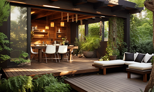 Patio en bois sur mesure avec espace détente et coin repas Patio sur mesure en bois avec air de détente et air pour manger