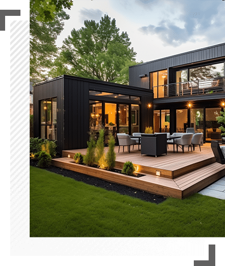 Patio personnalisé en composite brun avec mobilier extérieur moderne Patio sur mesure en composite brun avec meuble de patio moderne